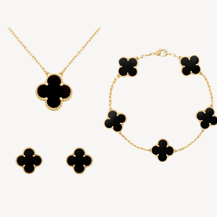 "Elegant Women's Gold-Tone Clover Jewellery Set with Necklace, Bracelet, Earrings; available in multiple colors for a stylish