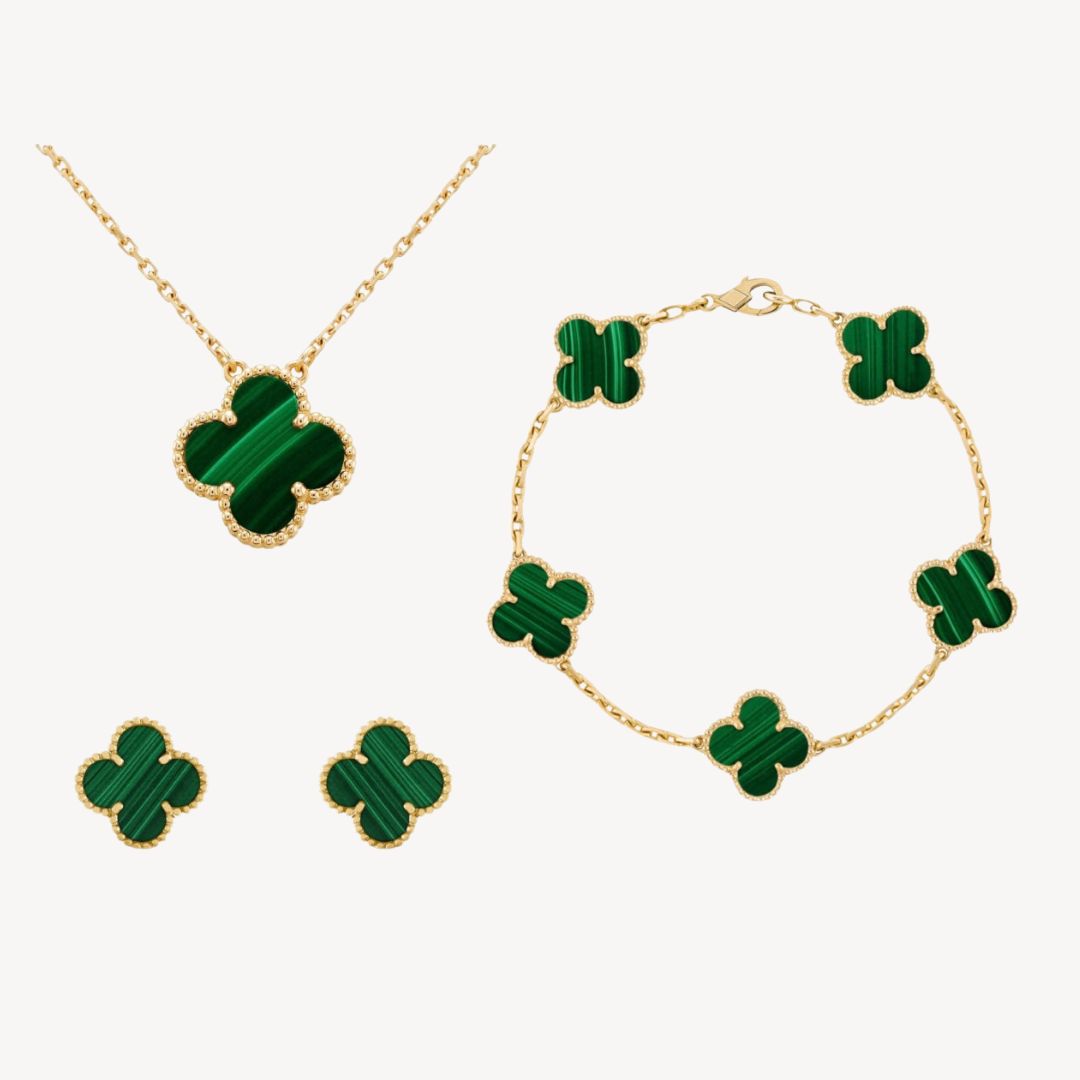 "Elegant Women's Gold-Tone Clover Jewellery Set with Necklace, Bracelet, Earrings; available in multiple colors for a stylish