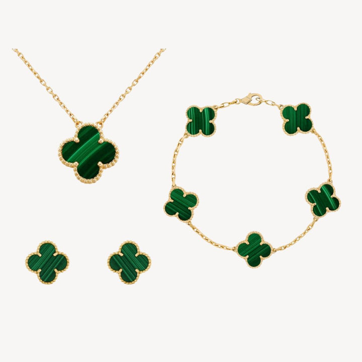 "Elegant Women's Gold-Tone Clover Jewellery Set with Necklace, Bracelet, Earrings; available in multiple colors for a stylish