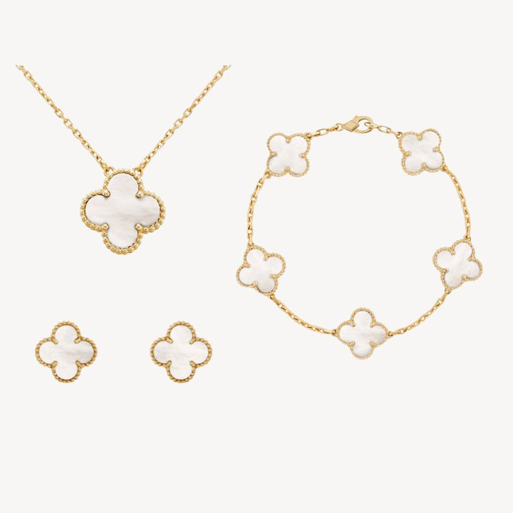 "Elegant Women's Gold-Tone Clover Jewellery Set with Necklace, Bracelet, Earrings; available in multiple colors for a stylish