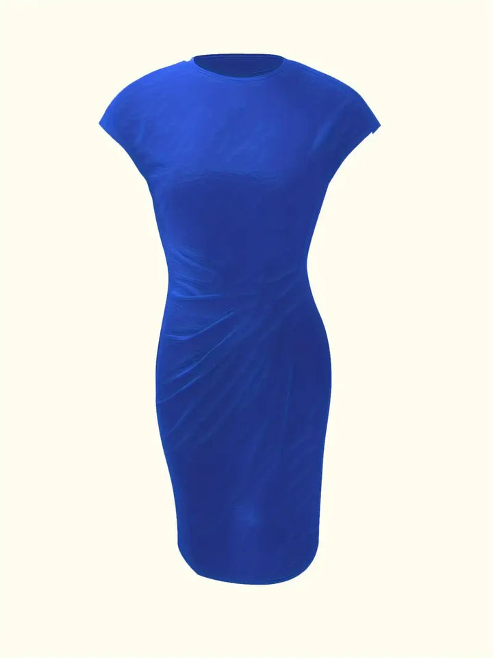 Elegant women's knee-length sheath dress with ruched waist, shown in dark green. Perfect for day-to-night wear.