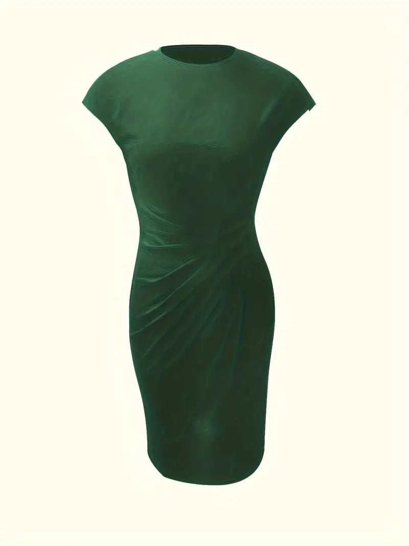 Elegant women's knee-length sheath dress with ruched waist, shown in dark green. Perfect for day-to-night wear.