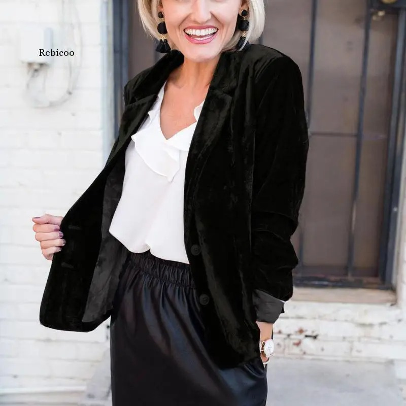 Elegant women's long-sleeved velvet blazer in soft velvet, tailored fit for formal or casual chic outfits.