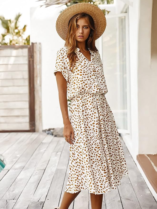 Elegant women's short-sleeve midi dress, flattering silhouette, versatile for any occasion, chic and timeless style.