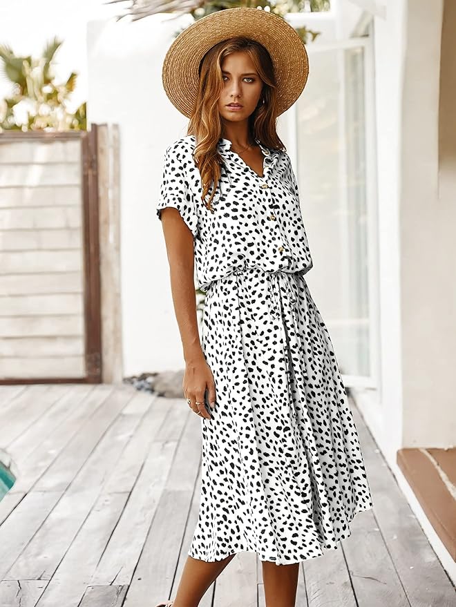 Elegant women's short-sleeve midi dress, flattering silhouette, versatile for any occasion, chic and timeless style.