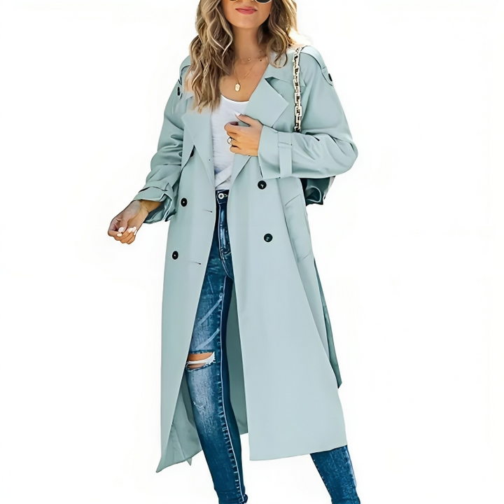 Elegant women's trench coat with lapel, belt, and tailored fit in beige for versatile, chic style in any season.