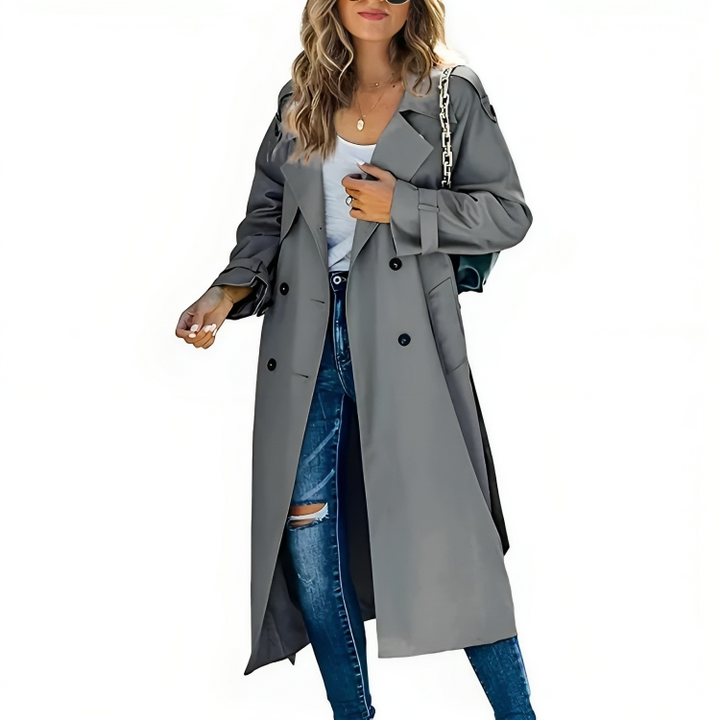Elegant women's trench coat with lapel, belt, and tailored fit in beige for versatile, chic style in any season.