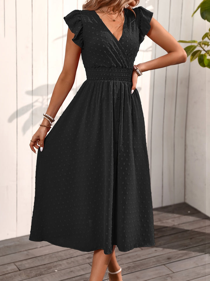 "Elegant Women's V-Neck Midi Dress with ruffle sleeves, smocked waist, dotted pattern, button-down front for casual style."