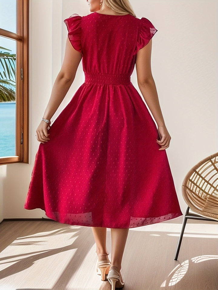 "Elegant Women's V-Neck Midi Dress with ruffle sleeves, smocked waist, dotted pattern, button-down front for casual style."