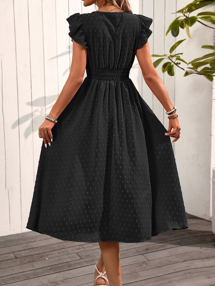 "Elegant Women's V-Neck Midi Dress with ruffle sleeves, smocked waist, dotted pattern, button-down front for casual style."