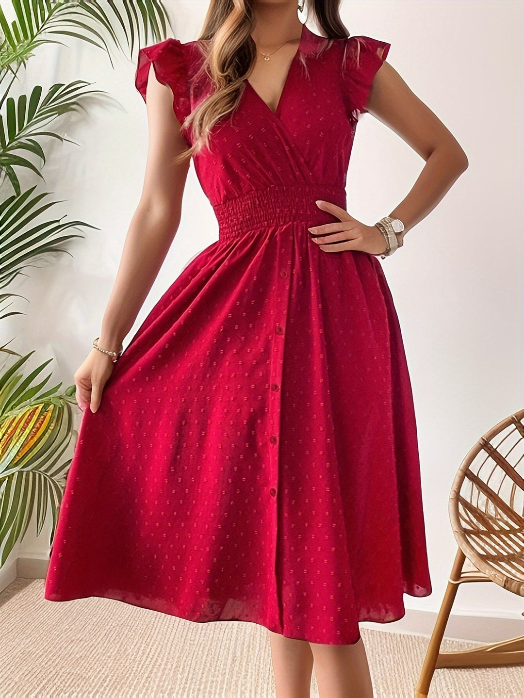 "Elegant Women's V-Neck Midi Dress with ruffle sleeves, smocked waist, dotted pattern, button-down front for casual style."