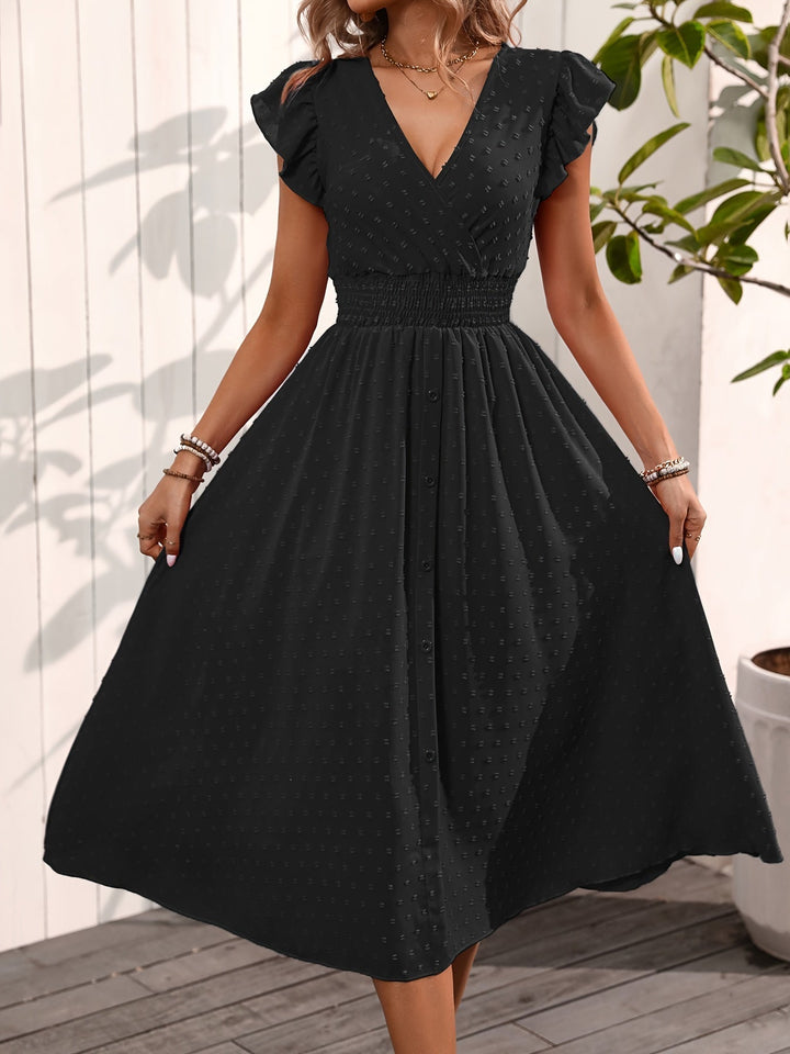 "Elegant Women's V-Neck Midi Dress with ruffle sleeves, smocked waist, dotted pattern, button-down front for casual style."