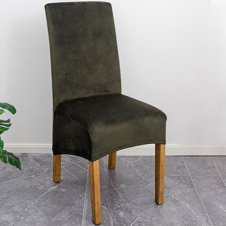 Elegant XL stretch velvet dining chair cover in camel, showcases plush velvet texture, ideal for home or events, fits armless chairs.