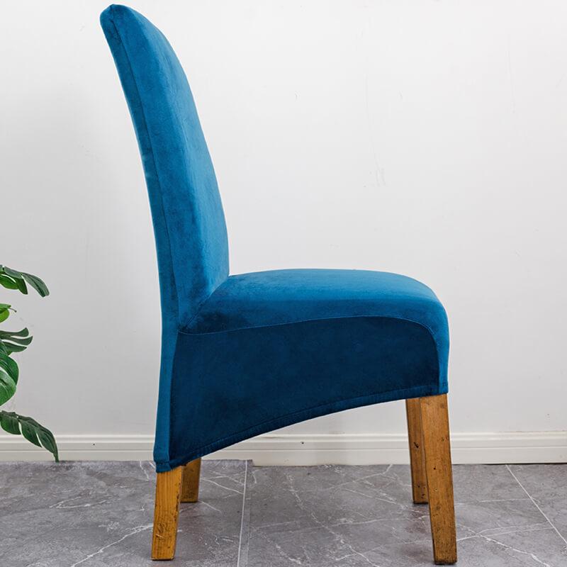 Elegant XL stretch velvet dining chair cover in camel, showcases plush velvet texture, ideal for home or events, fits armless chairs.