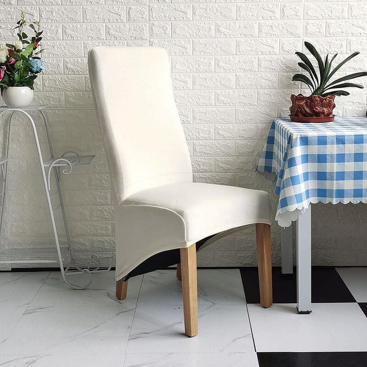 Elegant XL stretch velvet dining chair cover in camel, showcases plush velvet texture, ideal for home or events, fits armless chairs.
