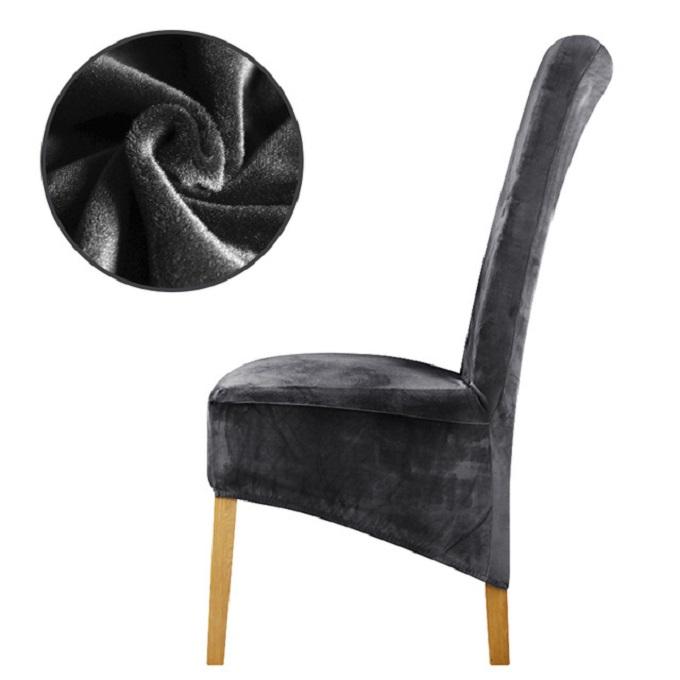 Elegant XL stretch velvet dining chair cover in camel, showcases plush velvet texture, ideal for home or events, fits armless chairs.