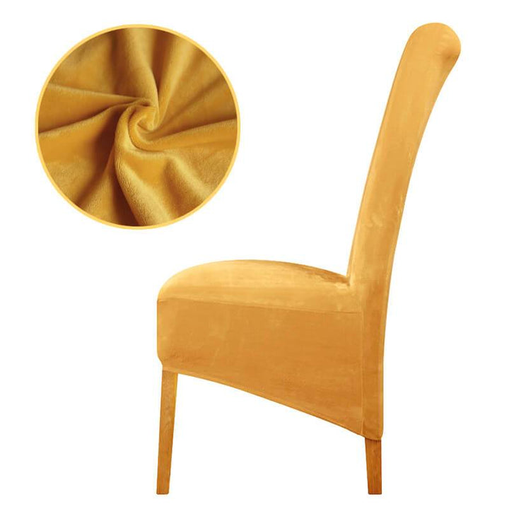 Elegant XL stretch velvet dining chair cover in camel, showcases plush velvet texture, ideal for home or events, fits armless chairs.