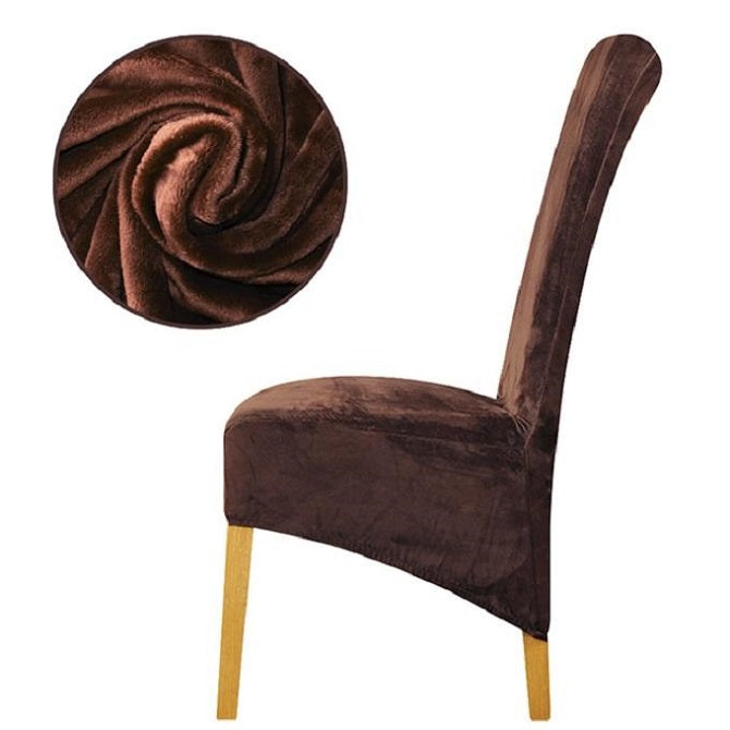 Elegant XL stretch velvet dining chair cover in camel, showcases plush velvet texture, ideal for home or events, fits armless chairs.