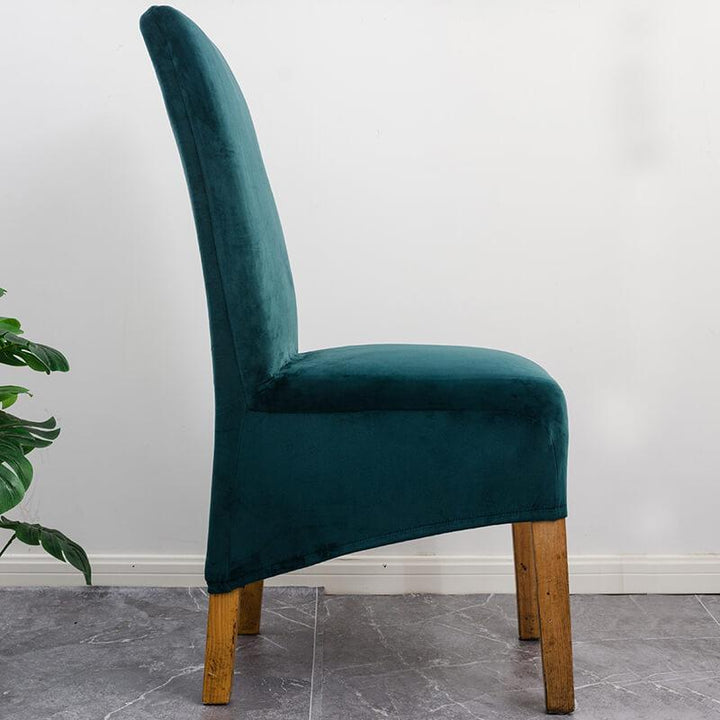 Elegant XL stretch velvet dining chair cover in camel, showcases plush velvet texture, ideal for home or events, fits armless chairs.