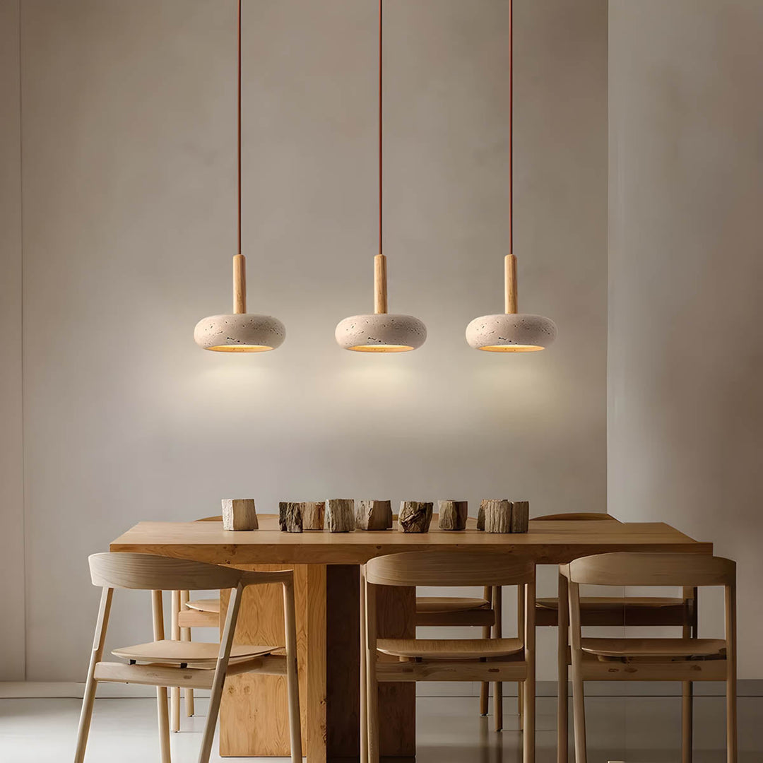 "Elegant yellow travertine pendant light with LED, natural stone texture, perfect for modern interior decor lighting."