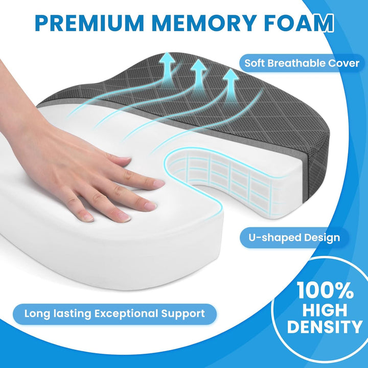 Contour memory foam seat cushion for coccyx and lower back support.