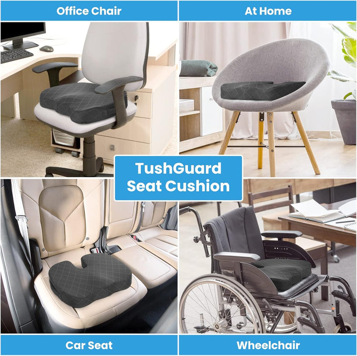 Memory foam seat cushion with washable cover for hygiene and comfort.