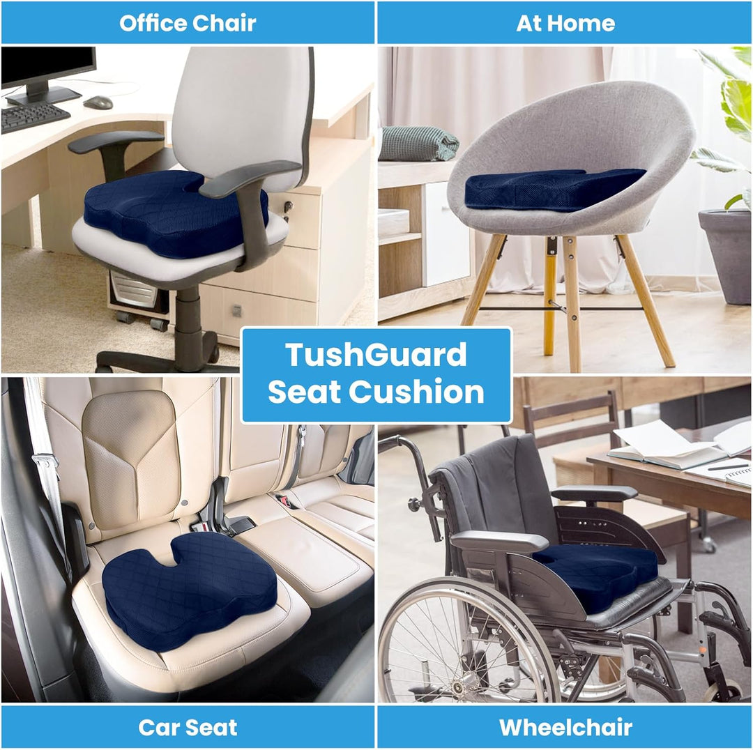 Black ergonomic memory foam seat cushion for car, office, and travel comfort.