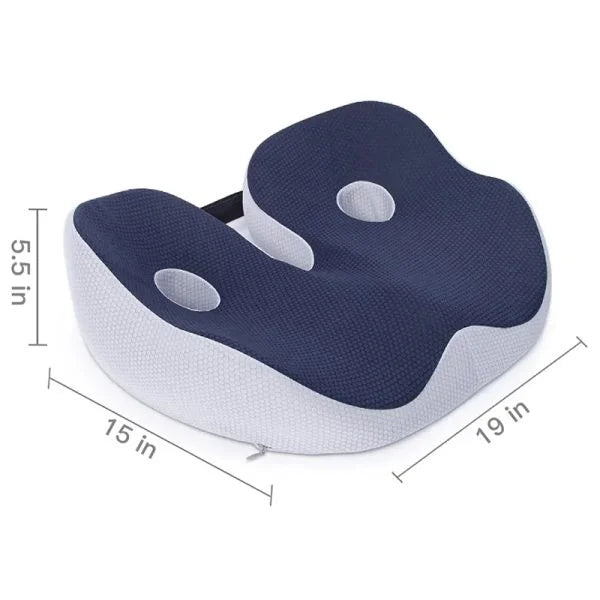 "Ergonomic men's memory foam seat cushion in grey, supports hips and back, perfect for office chairs and car seats."