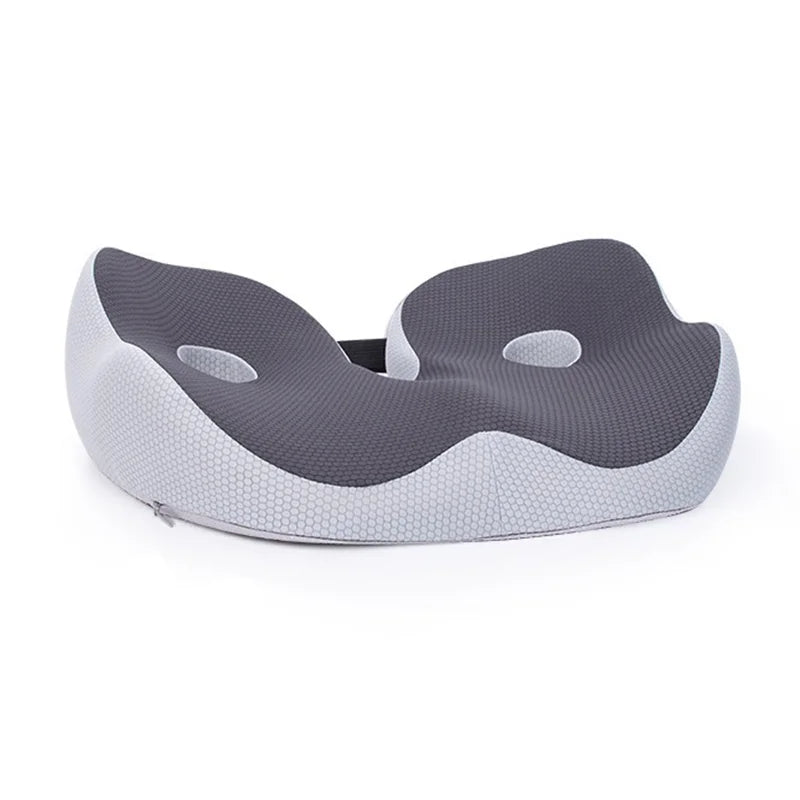 "Ergonomic men's memory foam seat cushion in grey, supports hips and back, perfect for office chairs and car seats."