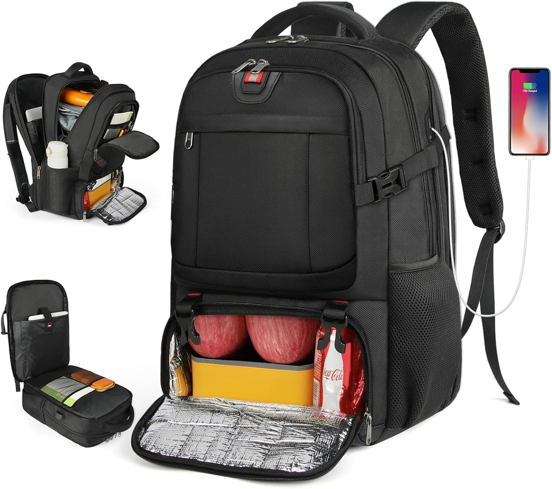 Extra-large travel backpack with insulated lunch & padded laptop compartments, ideal for long trips & daily commute.