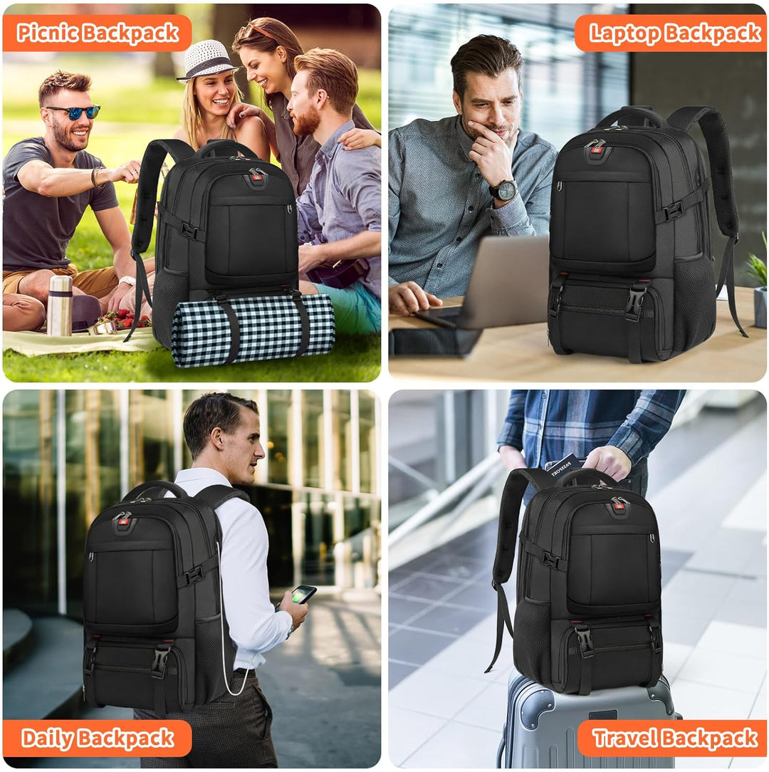 Carry-on size extra-large travel backpack, perfect luggage for weekend trips, with multiple compartments & USB port.