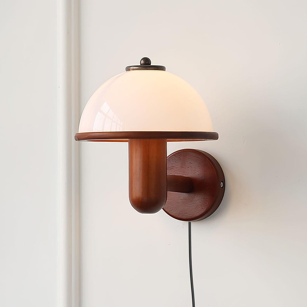 Oak Wood Mushroom Wall Light with White Shade