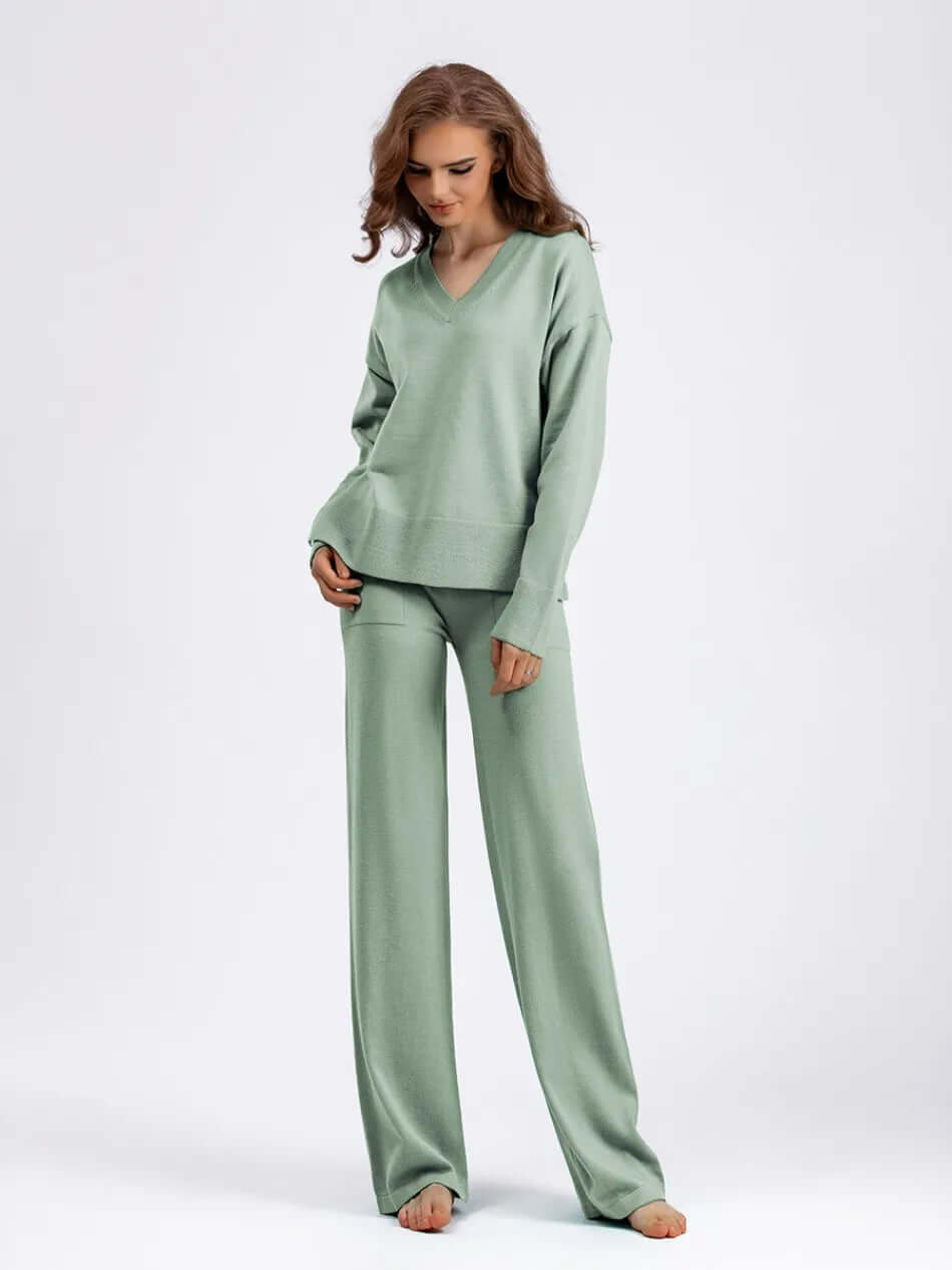 Women's V-Neck Sweater and Wide-Leg Trousers Set