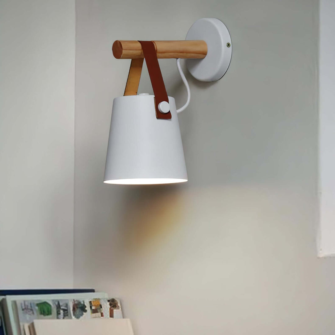 Conical Wooden Wall Light with Leather Strap