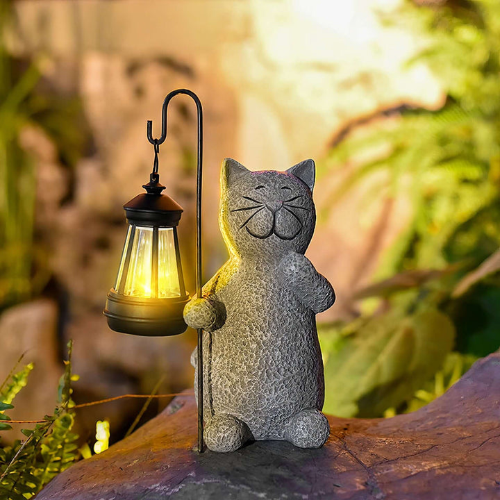 Solar Resin Cat Garden Statue with Golden Light