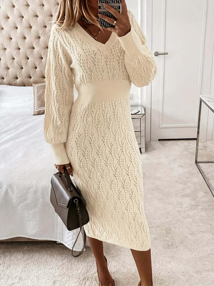 Women's V-Neck Long Sleeve Midi Dress