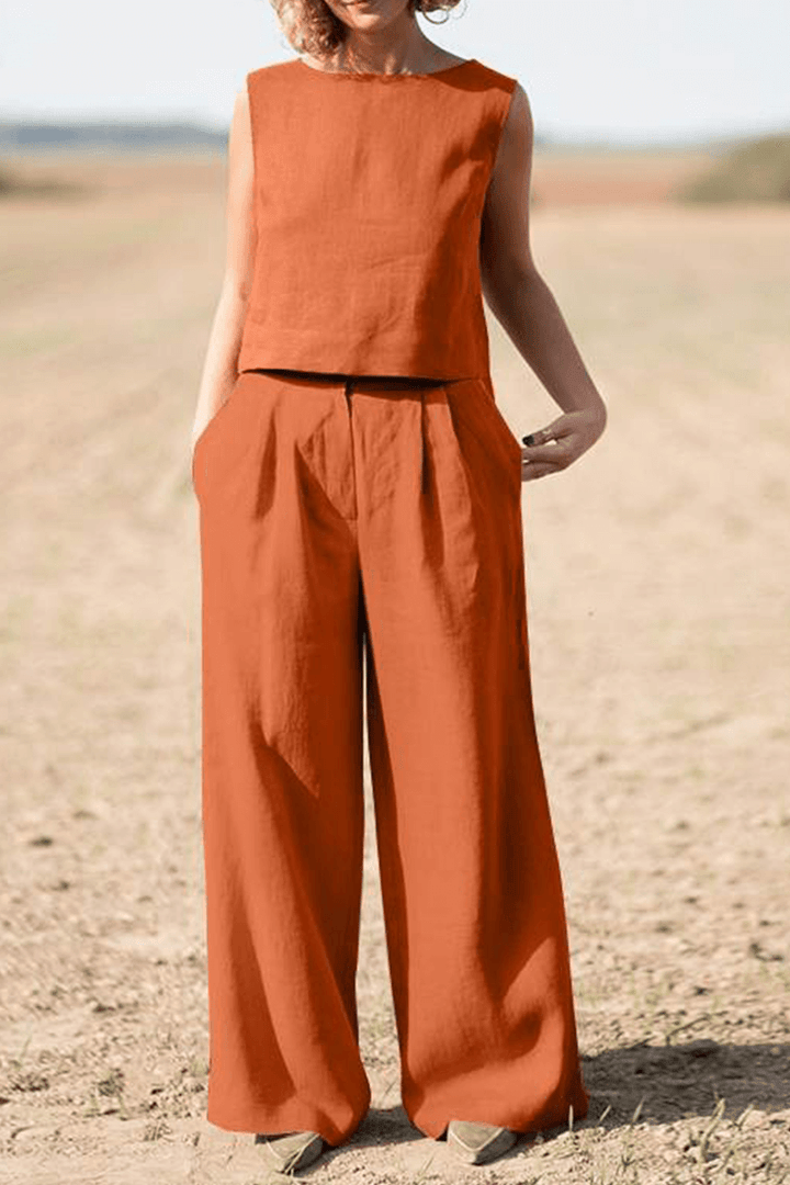 Women's Relaxed Fit Round Neck Top and Wide-Leg Pants Set