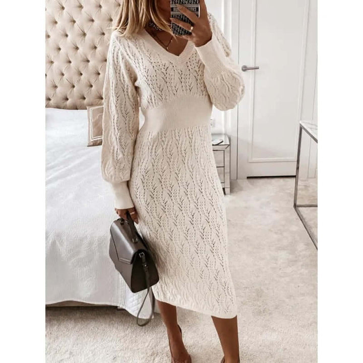 Women's V-Neck Long Sleeve Midi Dress