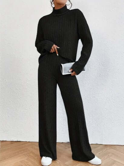 Women's Ribbed Turtleneck and Wide-Leg Pants Set