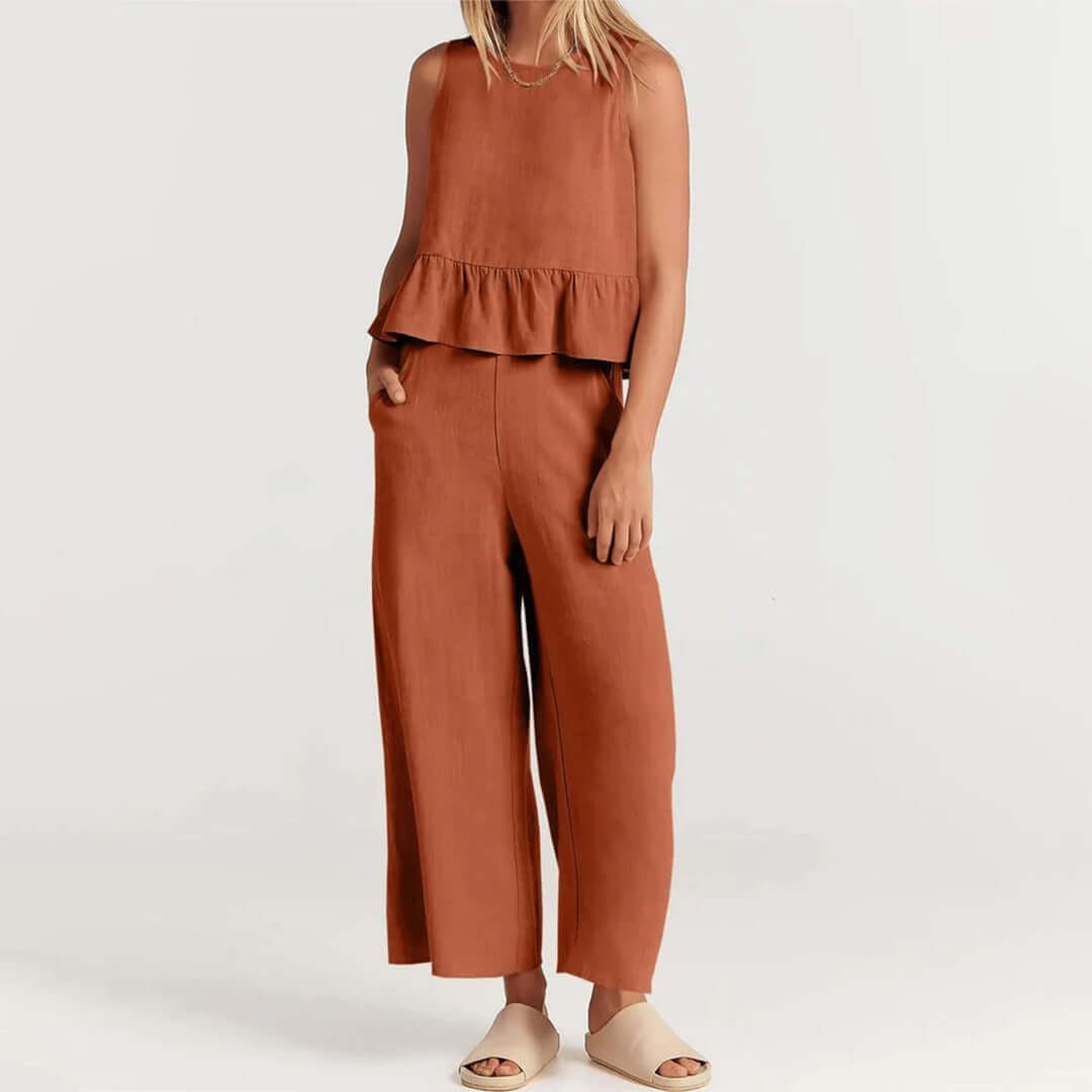 Women's Ruffled Sleeveless Top & Wide-Leg Pants Set