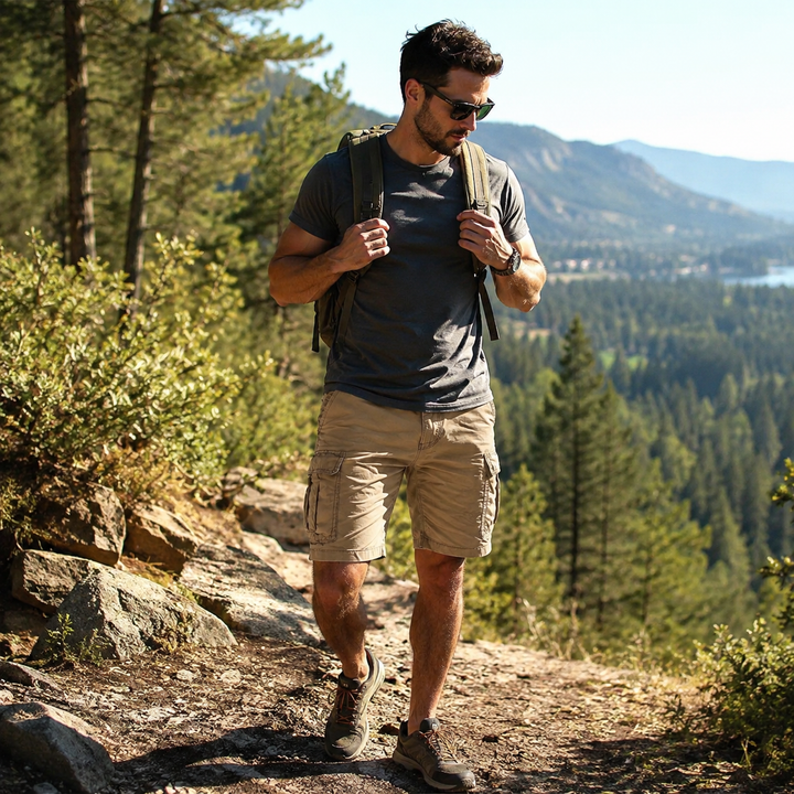 Dark green cargo shorts for men, offering comfort and functionality for summer and everyday wear.