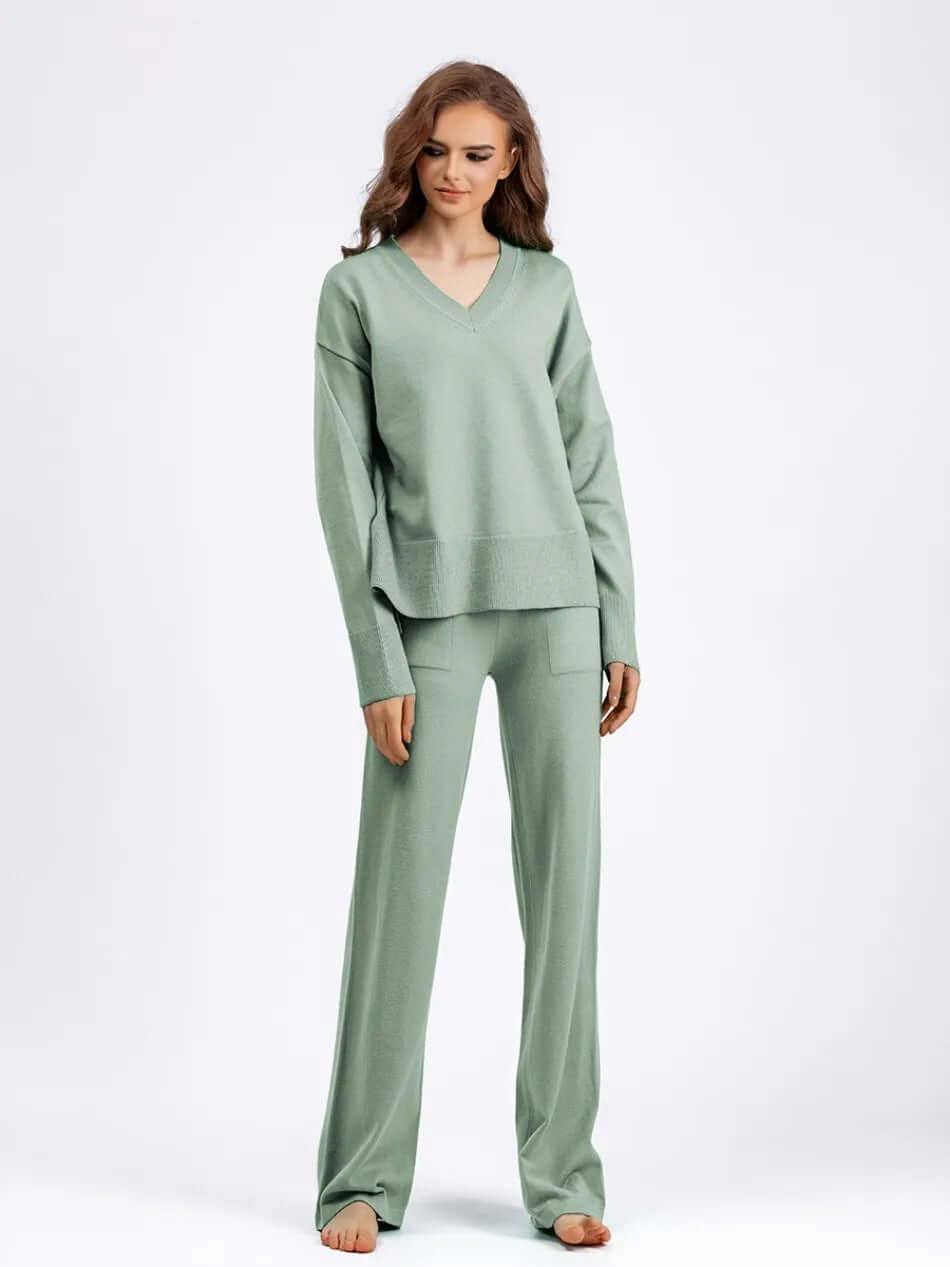 Women's V-Neck Sweater and Wide-Leg Trousers Set
