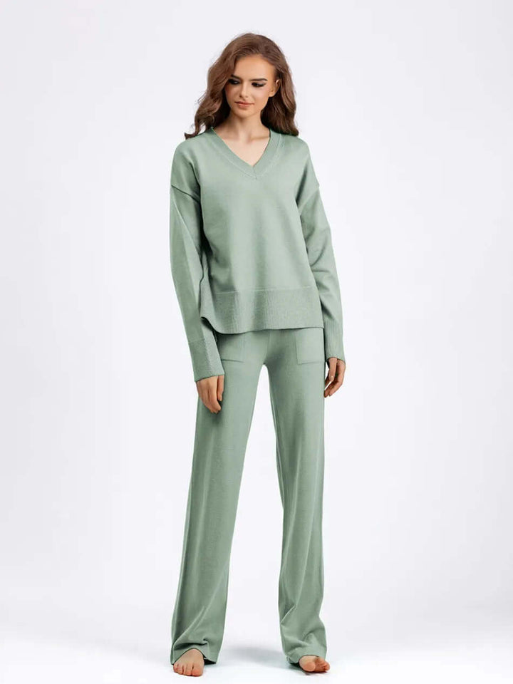 Women's V-Neck Sweater and Wide-Leg Trousers Set