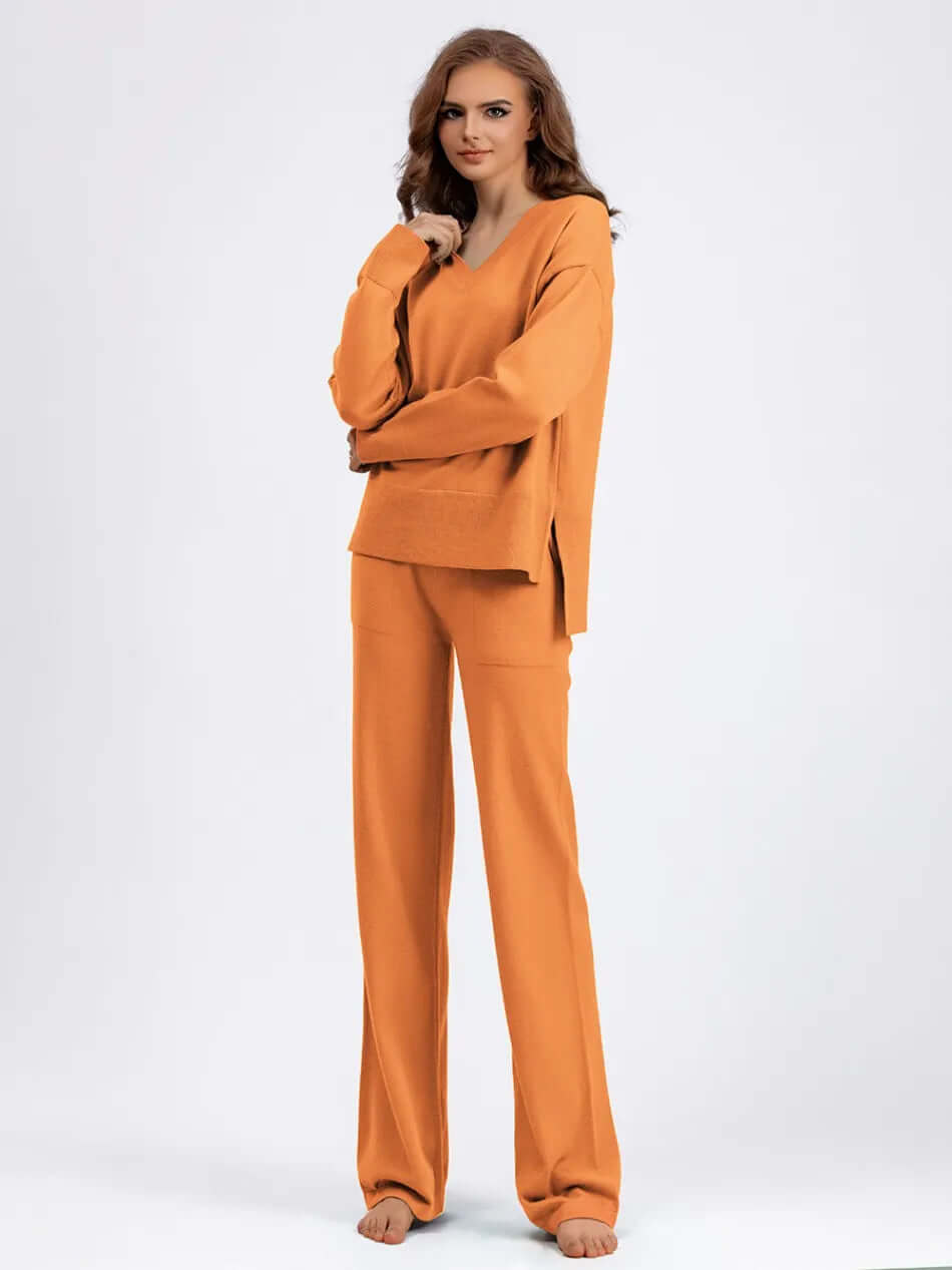 Women's V-Neck Sweater and Wide-Leg Trousers Set