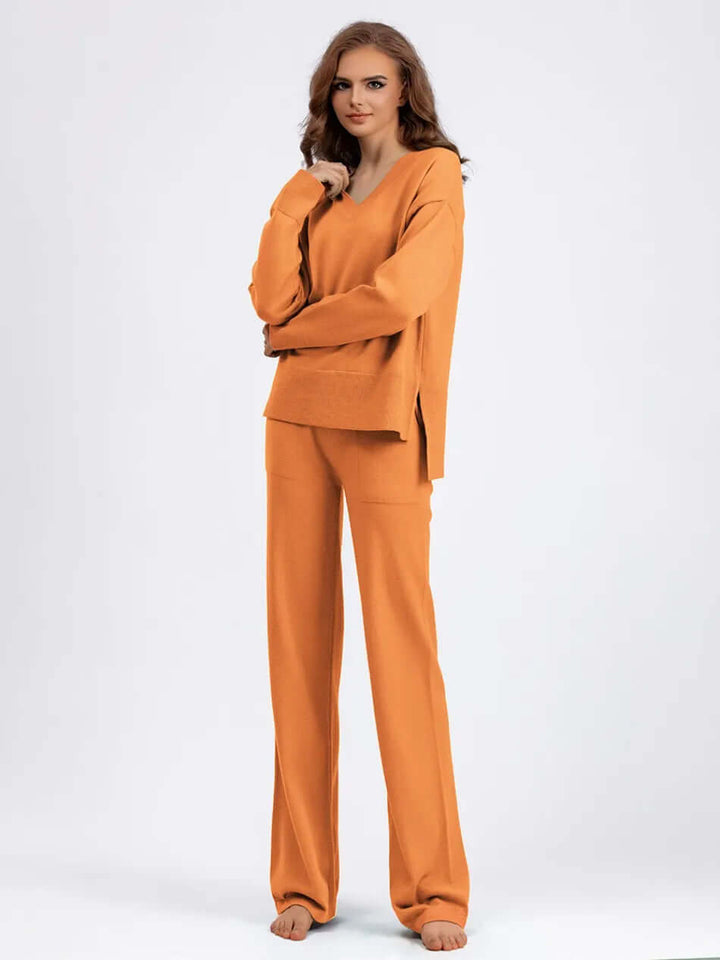 Women's V-Neck Sweater and Wide-Leg Trousers Set