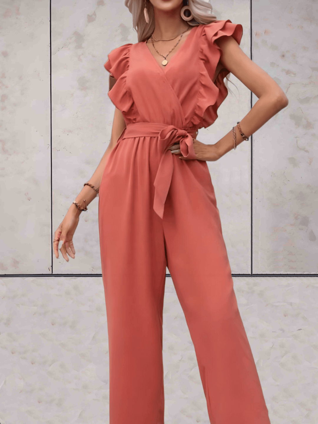 Women's Ruffle Sleeve V-Neck Jumpsuit