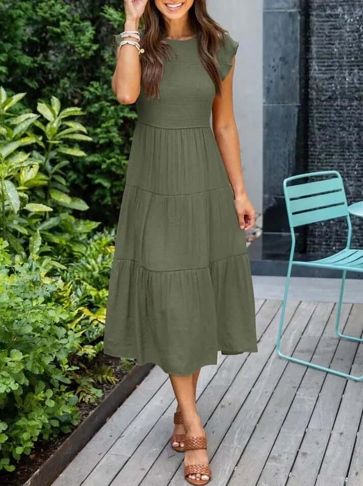 Women's Pleated Midi Dress with Flying Sleeves