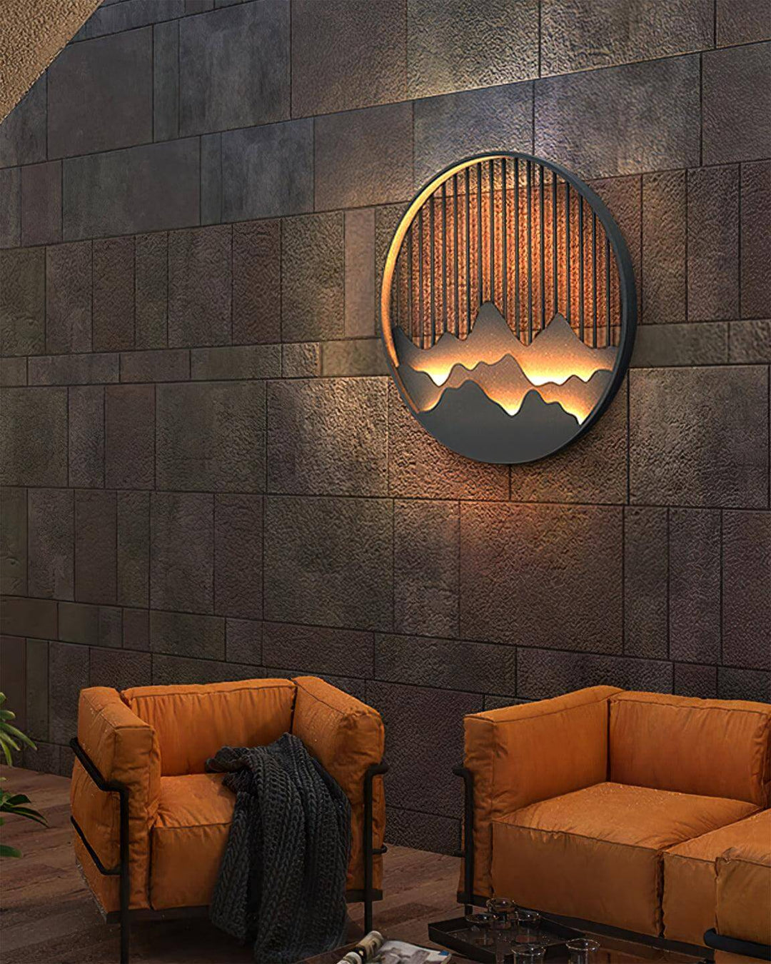 Outdoor LED Wall Light with Circular Mountain Motif