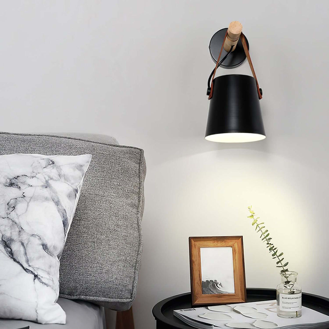 Conical Wooden Wall Light with Leather Strap