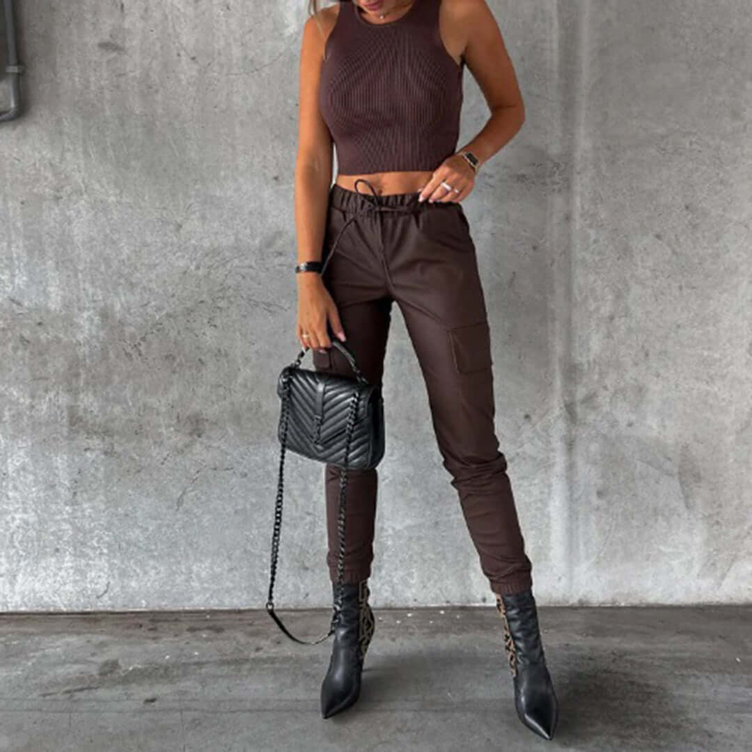 Women's Faux Leather Cargo Trousers